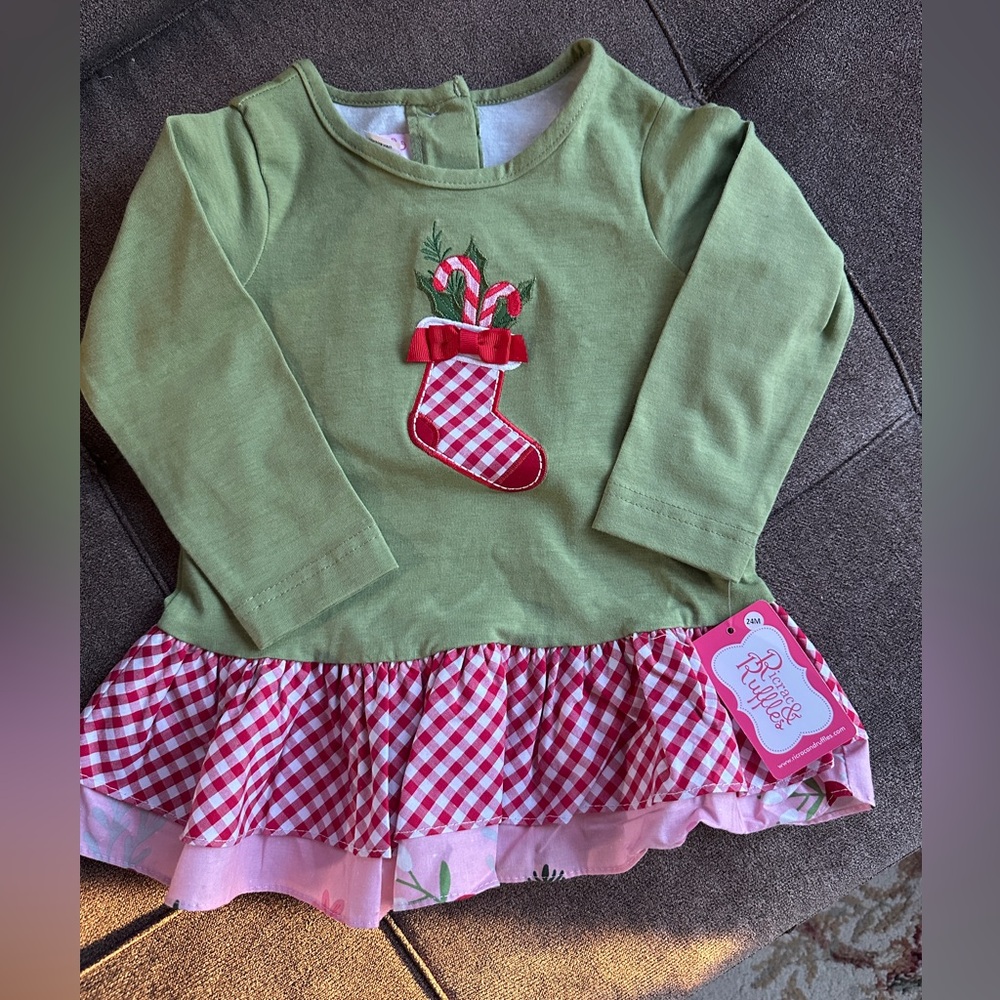 Ricrac & Ruffles Green and Red Holiday Shirt with Stocking Design Size 24M NWT
